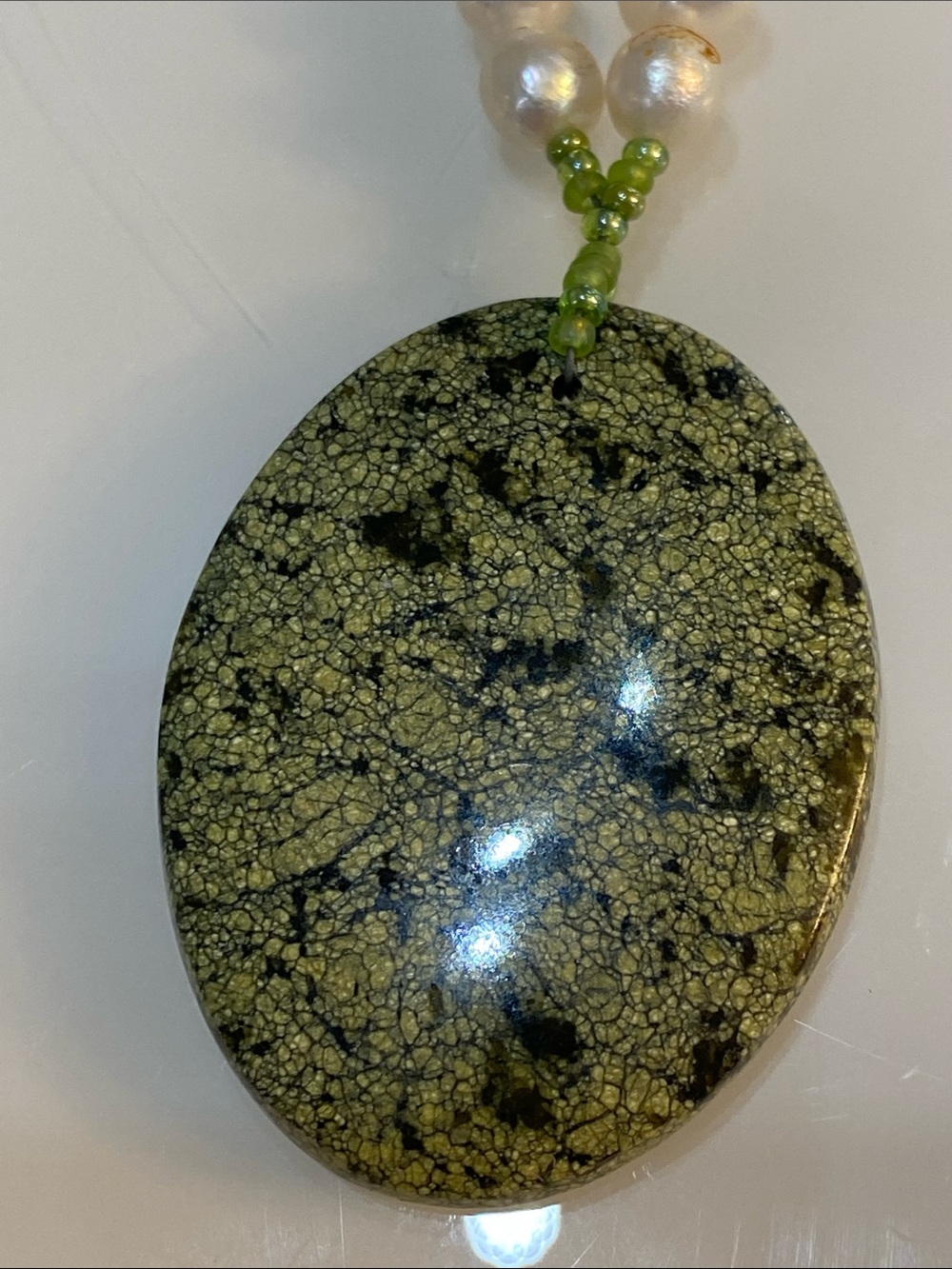 Handmade Green Jasper Pendant Genuine Pearl Necklace - Picture 3 of 8